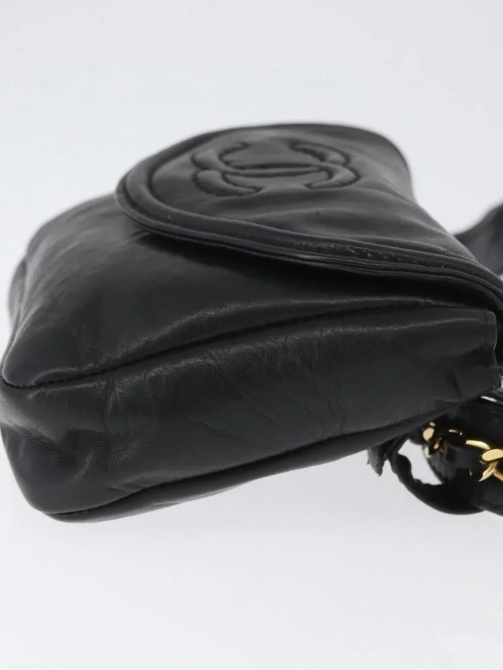 CHANEL COCO Mark Chain Waist Bag Lamb Skin Black Gold CC Auth BA11165
